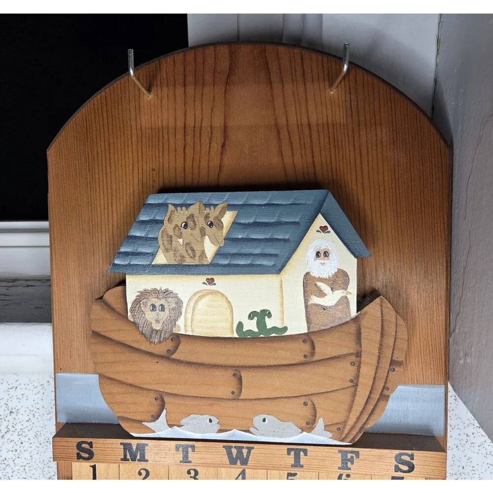 Vtg Wooden Calendar Wall Hanging Noah's Ark Holiday Tiles Cottagecore Nursery